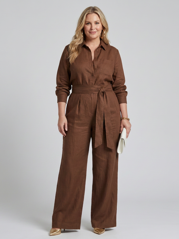 Bonnie | Lange Mouwen Knop Voorkant Wijde Pijpen Jumpsuit