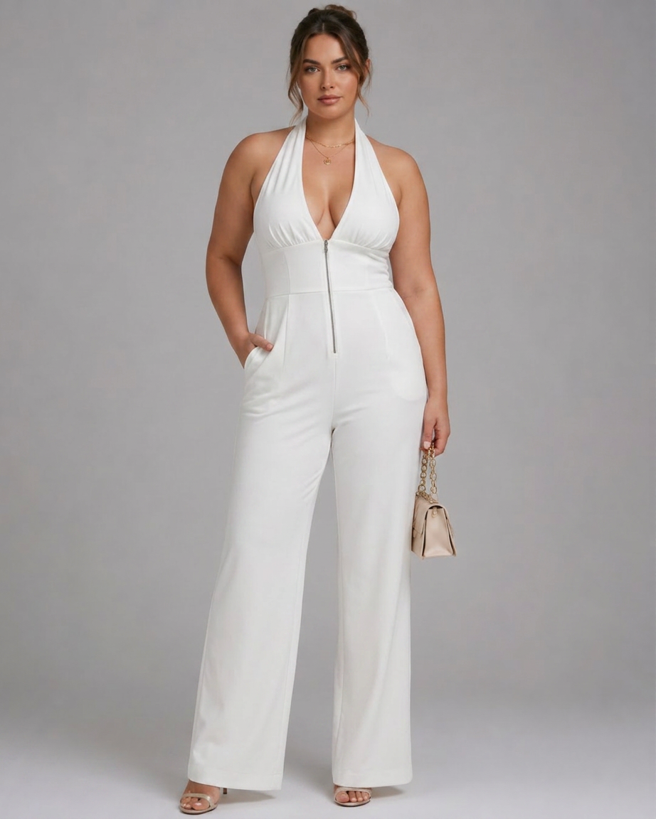 Amina | Halter Nek Brede Pijp Mouwloos Jumpsuit