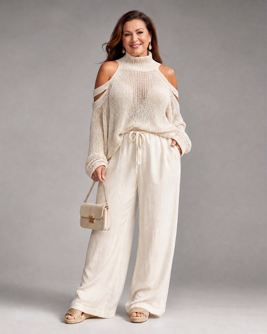 Vesper | Koud Schouder Gebreide Trui Wijde Pantalon Set
