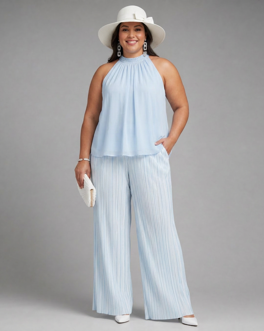 Dovie | Halter Nek Vloeiende Top En Geplooide Brede Pantalon Set