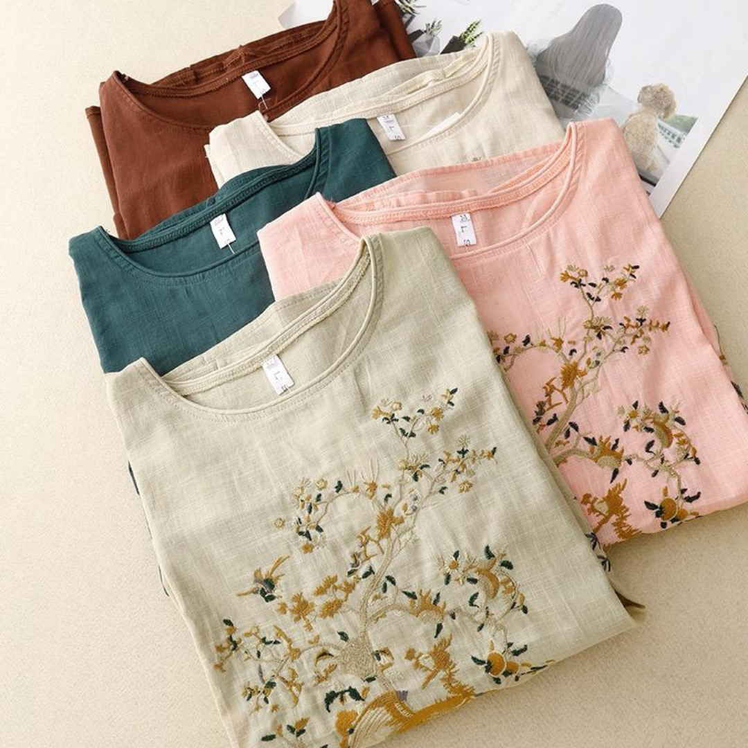 Anwen - Pure Katoenen Geborduurd Comfortabel Top