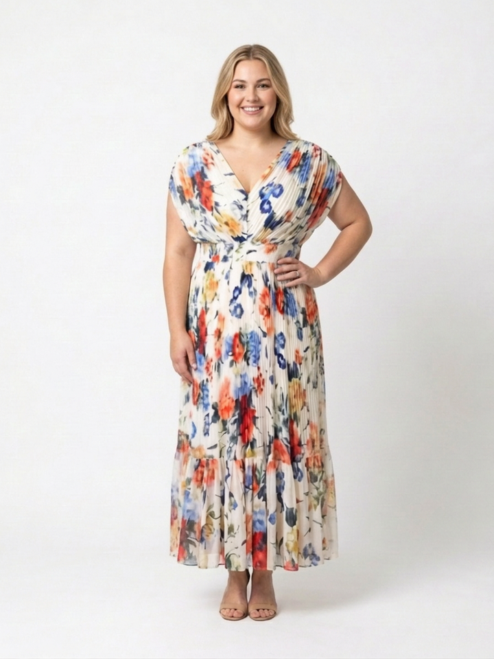Coraline | Korte Mouw Geplooide Bloemen Midi Jurk