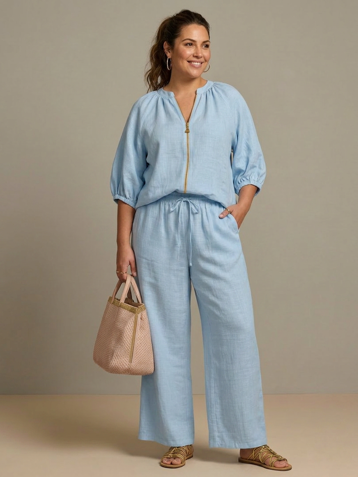 Cecily | Zip Front Blouson Top Wide Leg Set