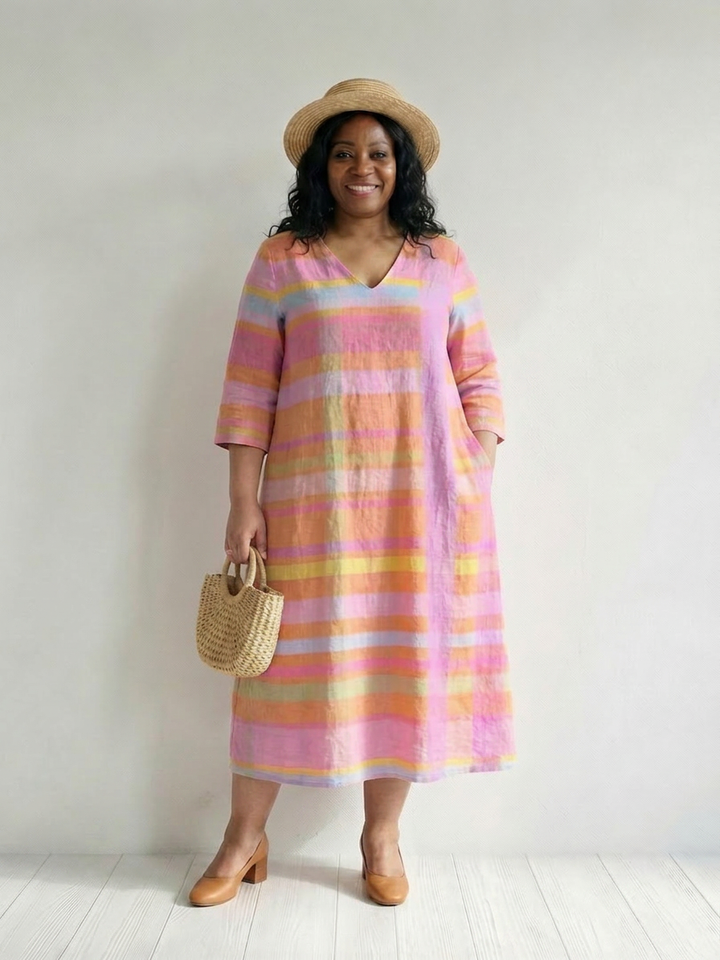 Jolie | Gemakkelijk Drape Stripe Midi Jurk