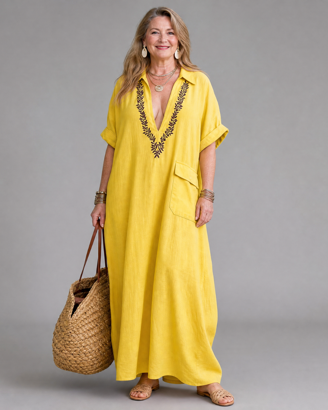 Posy | Geborduurde V-hals Pocket Detail Ontspannen Maxi Jurk