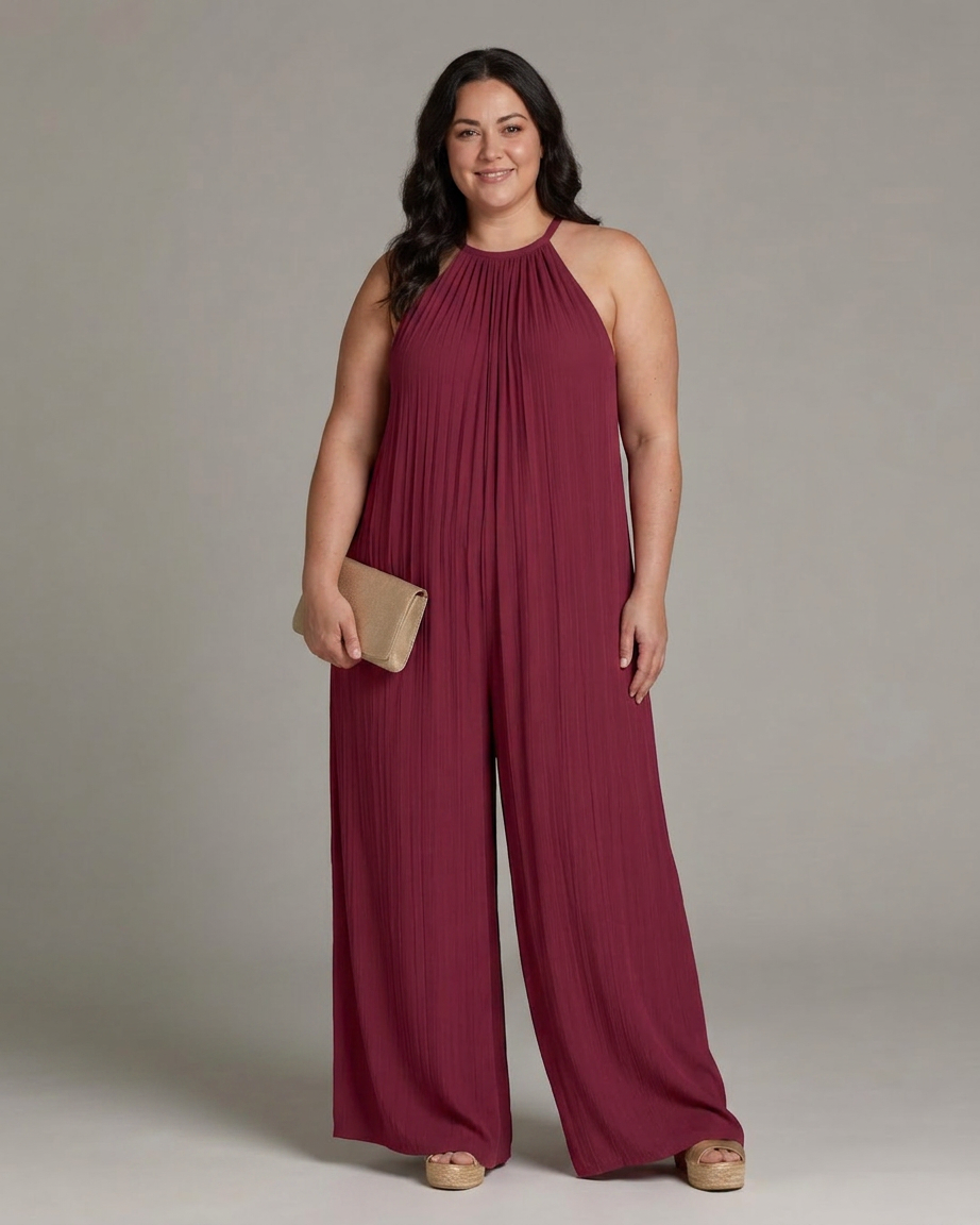 Wanda | Geplooide Halter Nek Wijde Pijpen Ontspannen Jumpsuit
