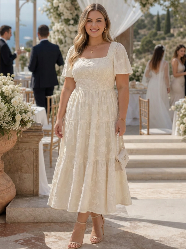 Belen | Midi-jurk met korte mouwen en textuur met bloemen