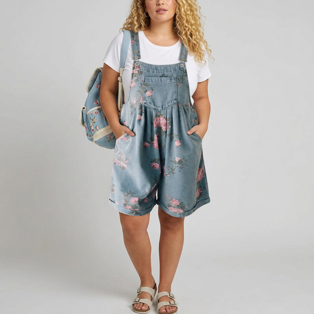 Solene | Vintage Gewassen Zachte Katoenachtige Denim Bloemen Jumpsuit