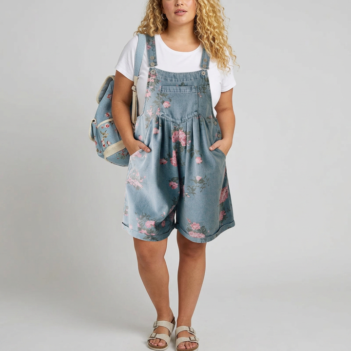 Solene | Vintage Gewassen Zachte Katoenachtige Denim Bloemen Jumpsuit