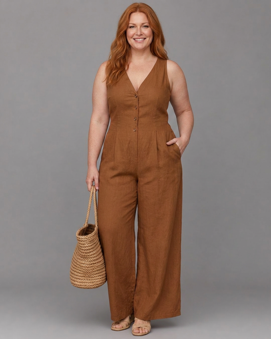 Vita | Knop Voorzijde Mouwloze Brede Pijpen Ontspannen Jumpsuit