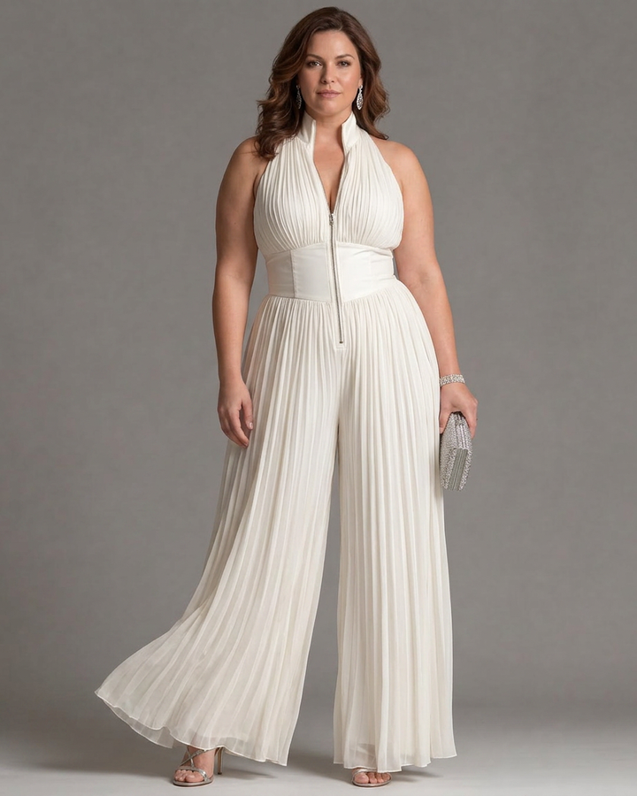 Eilwen | Geplooide Halter Nek Wijde Pijpen Jumpsuit