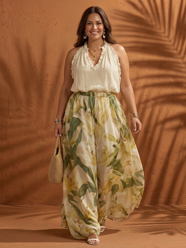 Ila | Halter Nek Blouse Bloemige Brede Pantalon Set