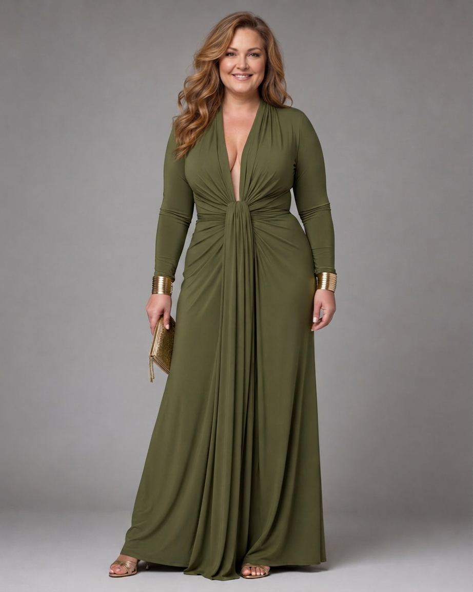 Vienne | Draped Diepe V-Hals Lange Mouwen Maxi Jurk