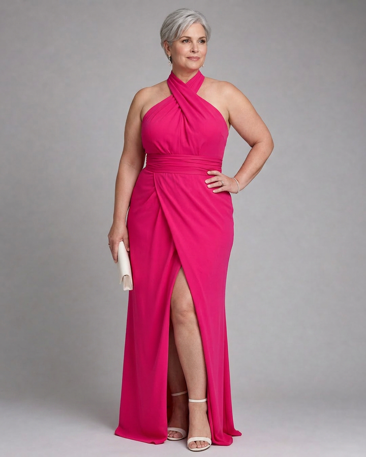 Nia | Cross Halter Draped Side Slit Midi Jurk
