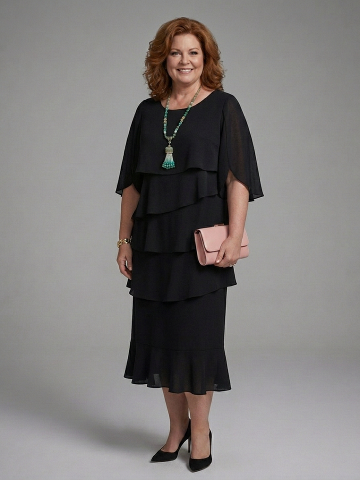 Rhea | Midi Jurk met Laagjes Mouwen