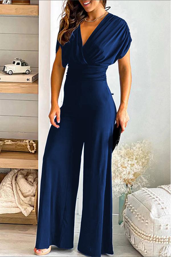 Zaina - V-hals effen slim fit taille wijde pijpen jumpsuit