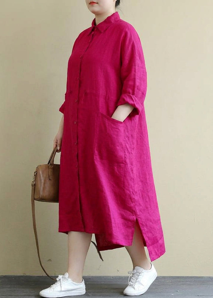Isolde - Rood Linnen Shirt Jurk Casual Oversized Lente Maxi Jurken