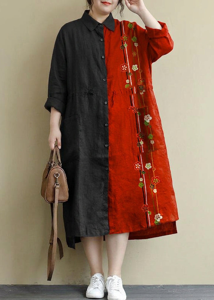 Isolde - Rood Linnen Shirt Jurk Casual Oversized Lente Maxi Jurken