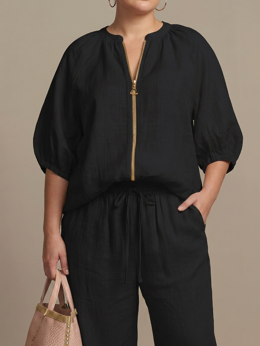 Cecily | Zip Front Blouson Top Wide Leg Set