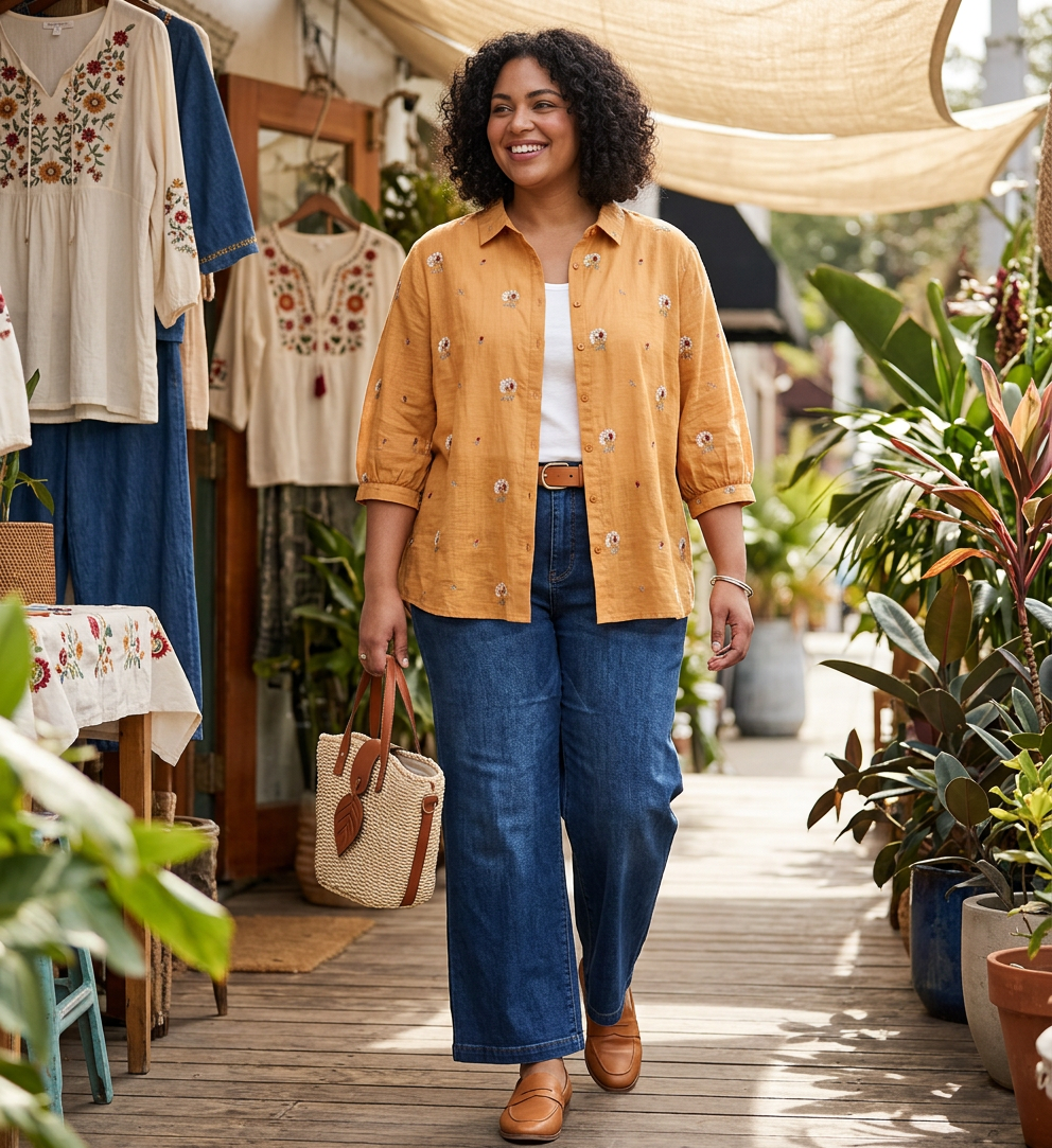 Rin - Katoenen Bloem Geborduurd Comfortabel Shirt