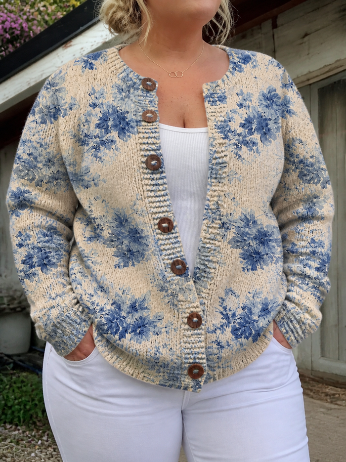 Dames Vest met Blauwe Bloemenprint en Knoopsluiting