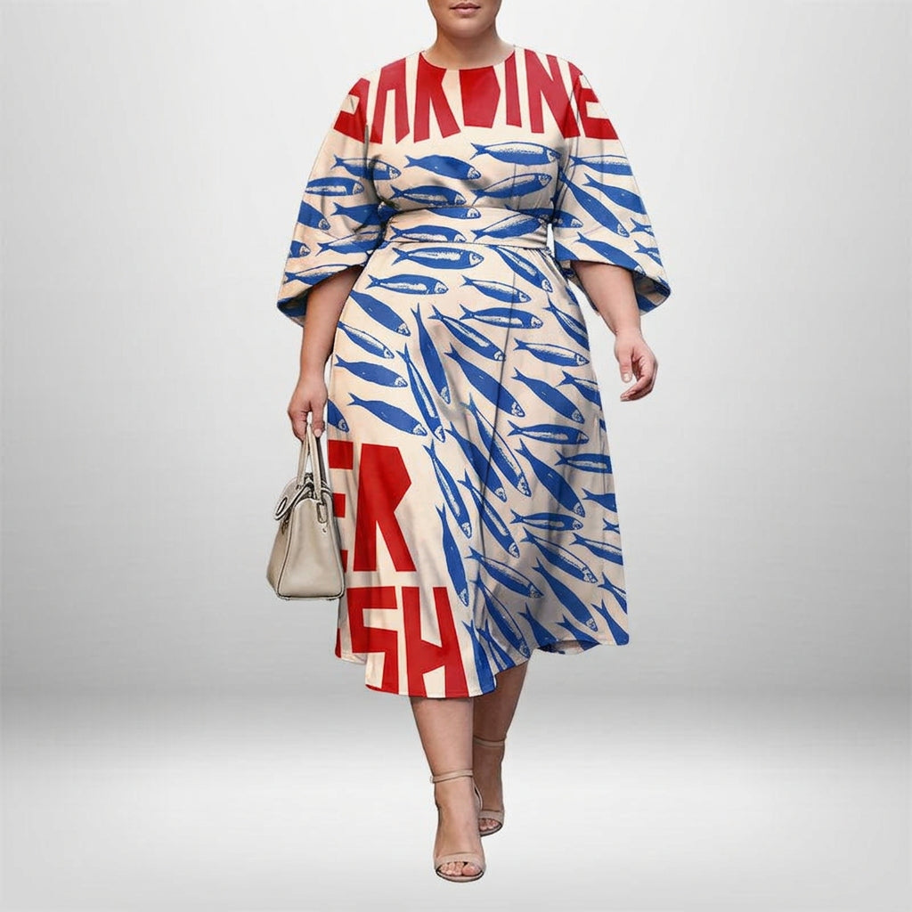 MAIA | Kustprint Midi met Gevormde Taille en Artistieke Flair