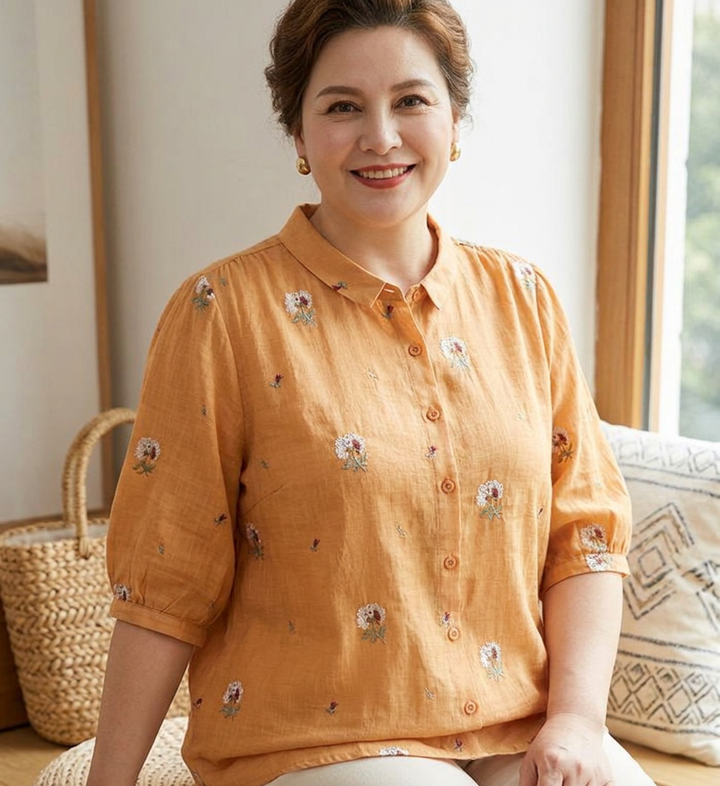 Rin - Katoenen Bloem Geborduurd Comfortabel Shirt
