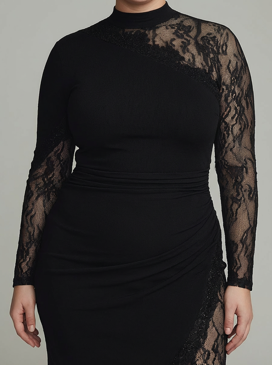 Elspeth | Zwarte Turtleneck Kant Asymmetrische Tulle Lange Mouw Mini Jurk