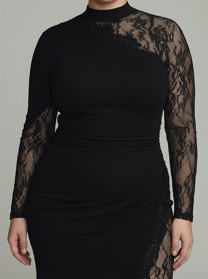 Elspeth | Zwarte Turtleneck Kant Asymmetrische Tulle Lange Mouw Mini Jurk