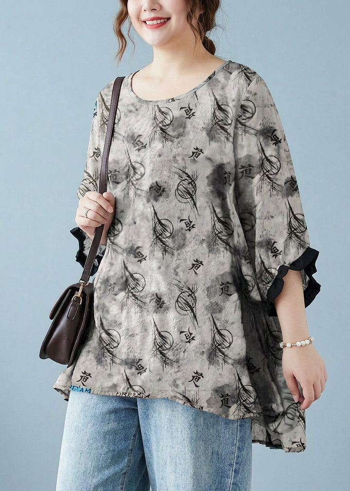 Linnea - Losse Blauwe Gepunte Batwing Mouw Katoen Linnen T-shirt