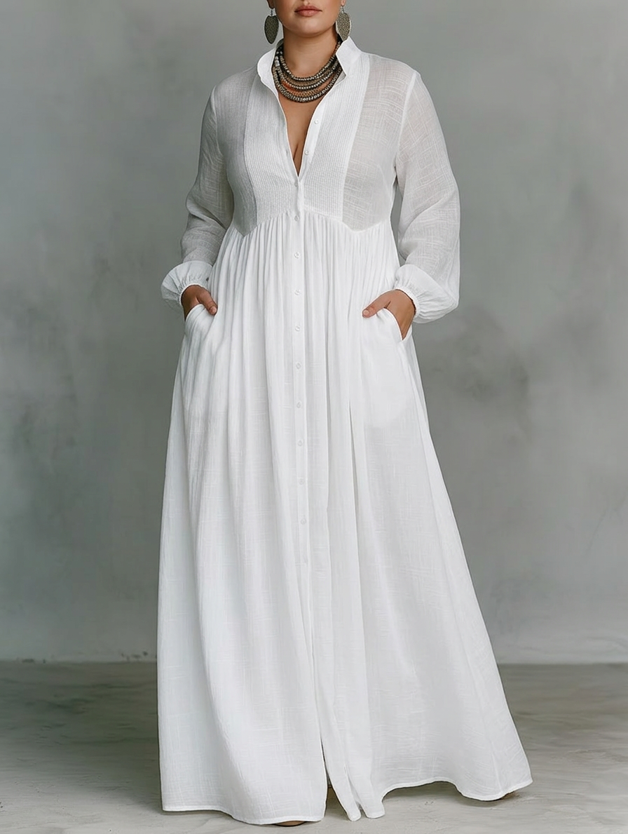 Vera - Maxi Minimalistische Jurk met Patchwork, Hoge Kraag en Lange Mouwen