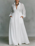 Vera - Maxi Minimalistische Jurk met Patchwork, Hoge Kraag en Lange Mouwen