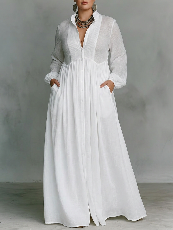 Vera - Maxi Minimalistische Jurk met Patchwork, Hoge Kraag en Lange Mouwen