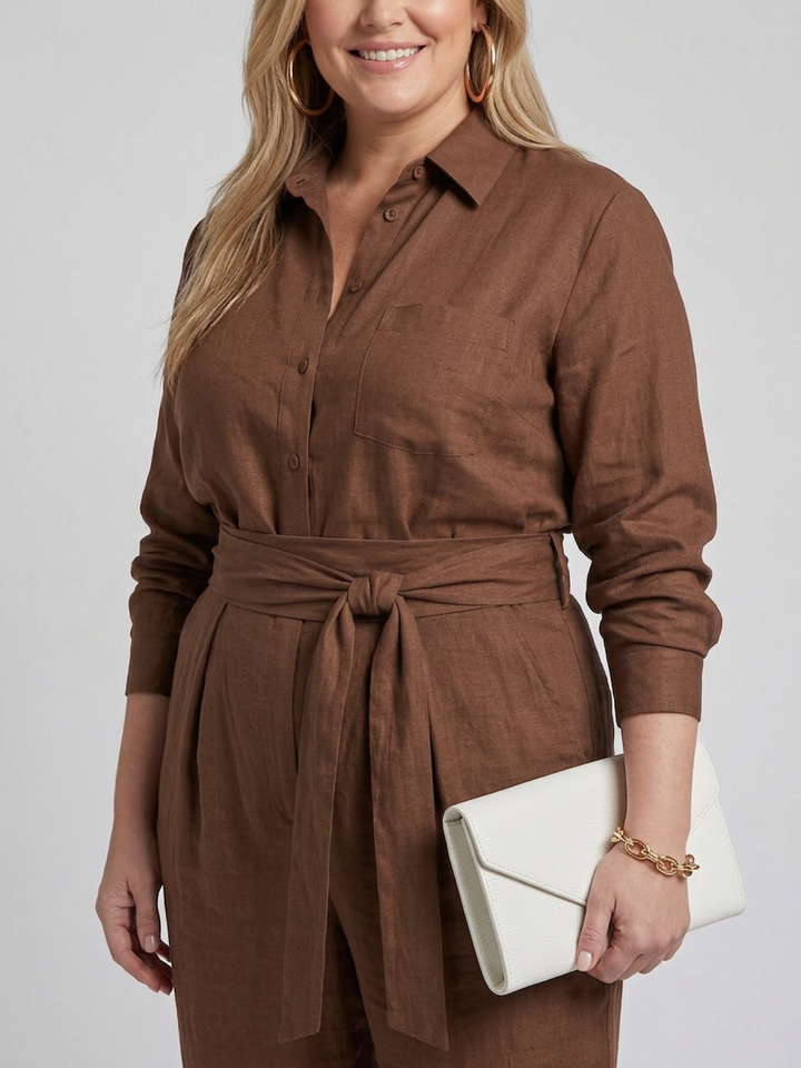 Bonnie | Lange Mouwen Knop Voorkant Wijde Pijpen Jumpsuit
