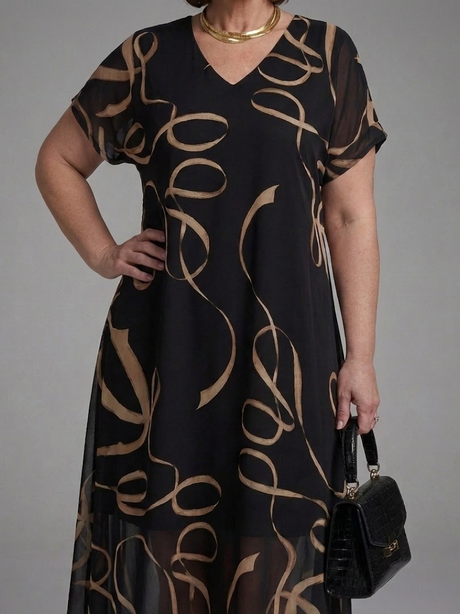 Rin | Abstract Midi Jurk met Korte Mouwen