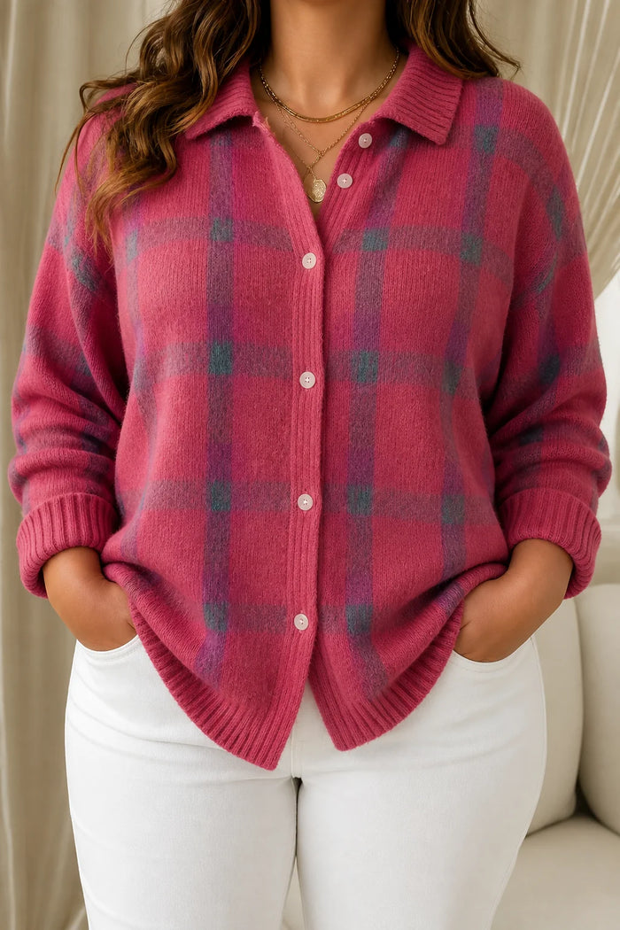 Dames Geruite Cardigan met Kraag en Knopen