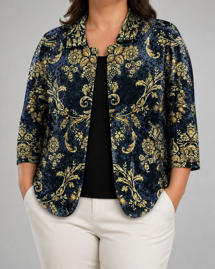 Dames Barok Open Shirt met Goudprint voor Avond