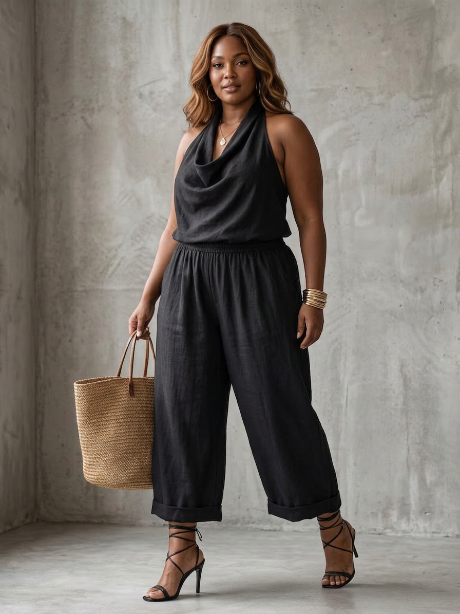 Soleil | Drape Neck Fluid Top Wide Leg Set