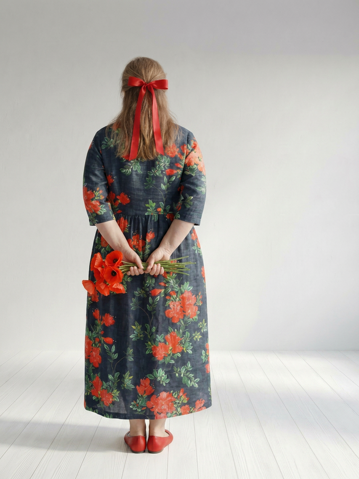 Hana | Kalme Drapé Bloemen Midi Jurk