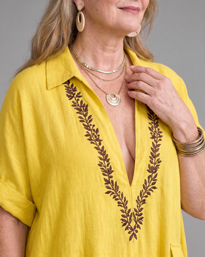 Posy | Geborduurde V-hals Pocket Detail Ontspannen Maxi Jurk
