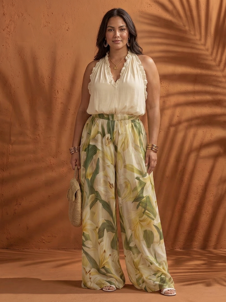 Ila | Halter Nek Blouse Bloemige Brede Pantalon Set