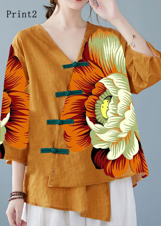Pia - Gele Knop Blouse Tops Asymmetrische Halve Mouw