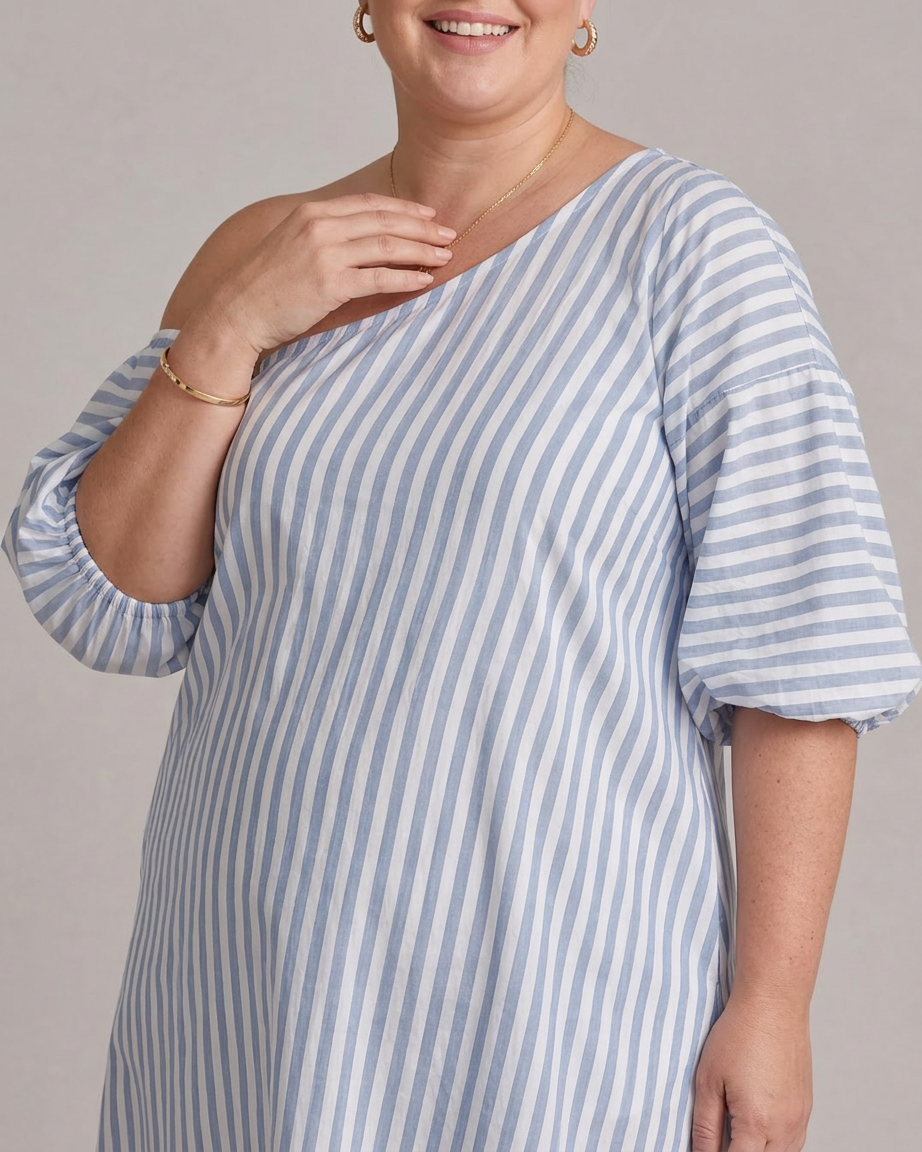 Seraphina | Gestreepte Off Shoulder Puff Sleeve Midi Jurk
