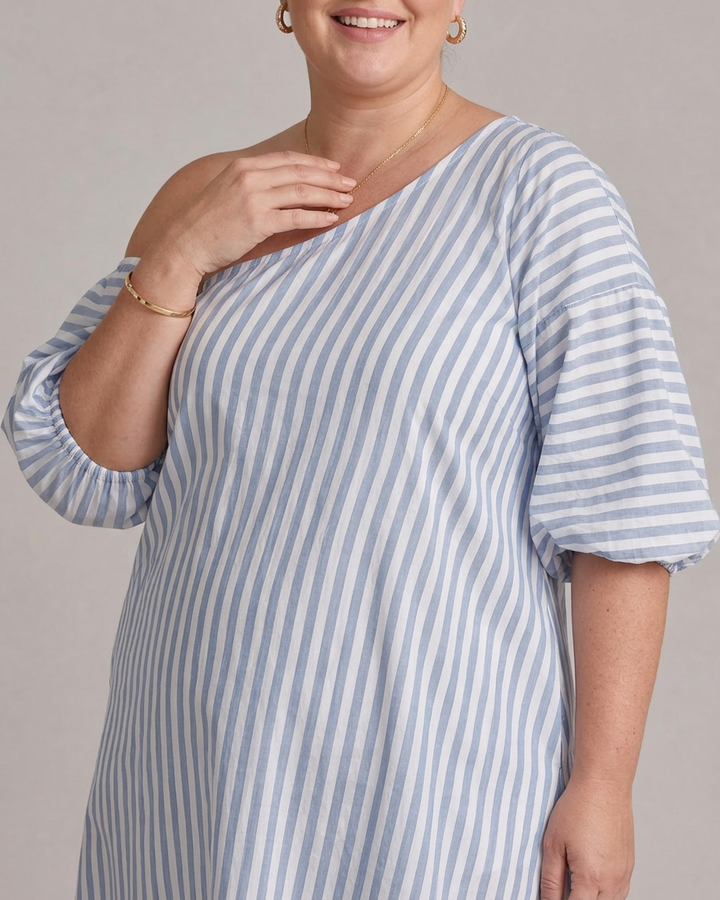 Seraphina | Gestreepte Off Shoulder Puff Sleeve Midi Jurk