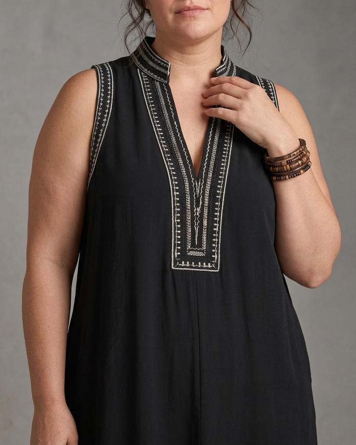 Wilhelmina | Geborduurde V-hals Mouwloze Wijde Pantalon Jumpsuit