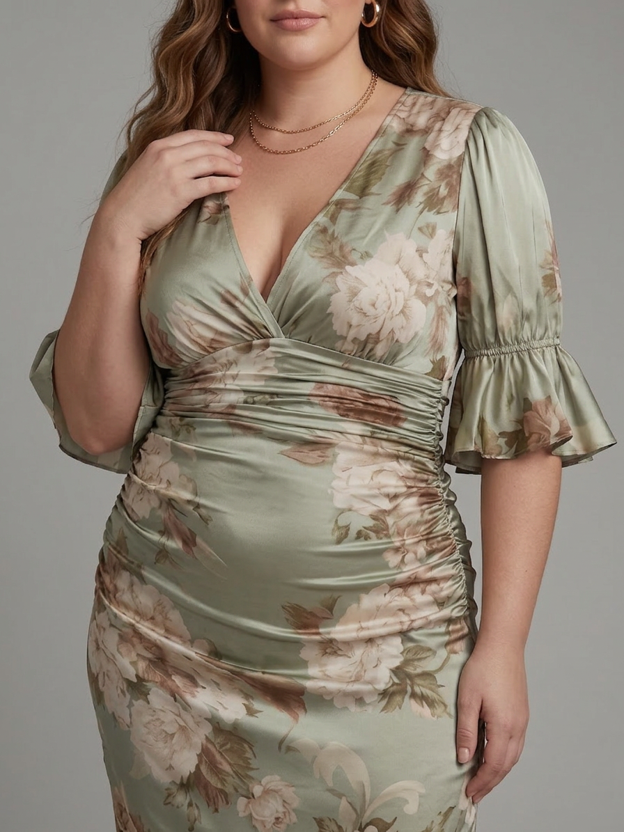Wilhelmina | Korte Mouw V-Hals Geraffineerde Taille Midi Jurk