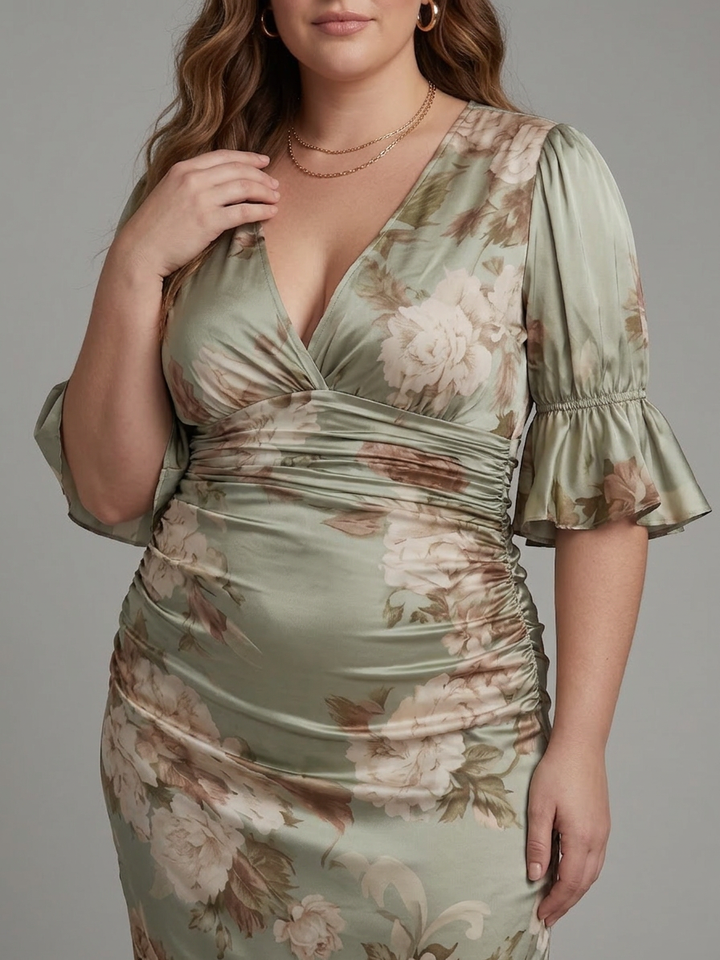 Wilhelmina | Korte Mouw V-Hals Geraffineerde Taille Midi Jurk