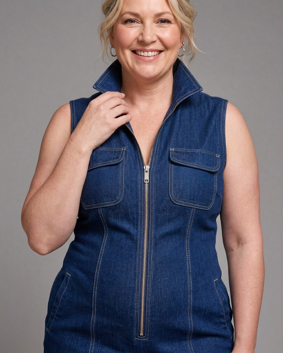 Freya | Zip Front Mouwloze Denim Wijde Pantalon Jumpsuit