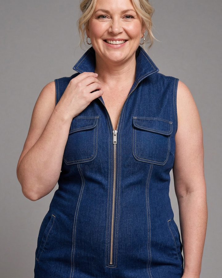 Freya | Zip Front Mouwloze Denim Wijde Pantalon Jumpsuit