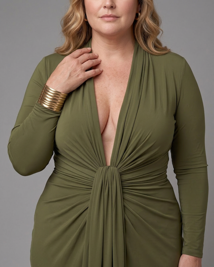 Vienne | Draped Diepe V-Hals Lange Mouwen Maxi Jurk